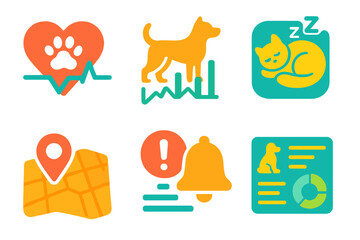 Smart Pet Tech Icons. Smart Pet Technology Monitoring flat set: heart rate icon, movement graph, sleep tracker, location map, alert badge, data panel.