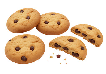 Delicious chocolate chip cookies isolated PNG, sweet baked treats with dark chocolate chunks on transparent background for dessert and snack concepts