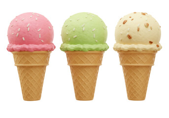Three ice cream cones PNG isolated on transparent background, pink green and vanilla ice cream with sprinkles for dessert design
