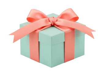 Mint green gift box with peach ribbon isolated PNG, present for birthday or special occasion on transparent background