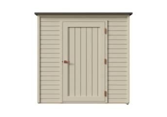 Beige garden shed with door isolated PNG, outdoor storage structure for backyard organization and landscaping projects on transparent background