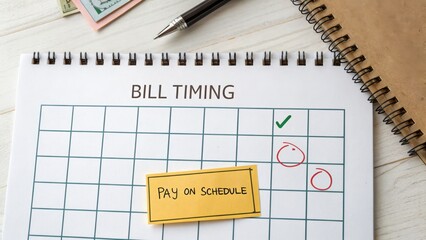 A close-up shot of a bill timing calendar with a pay on schedule note on a desk with a pen and notebook.