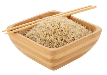 Bowl of brown rice with chopsticks isolated on transparent background, healthy whole grain food for Asian cuisine and diet