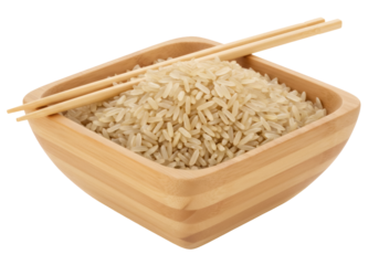 Bowl of brown rice with chopsticks isolated on transparent background, healthy whole grain food for Asian cuisine and diet