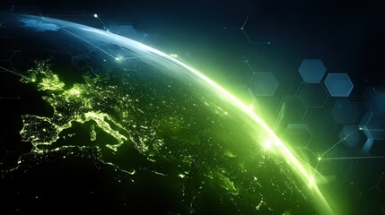 Glow Earth Globe View with City Lights and Digital Hexagon Pattern on Dark Blue Background