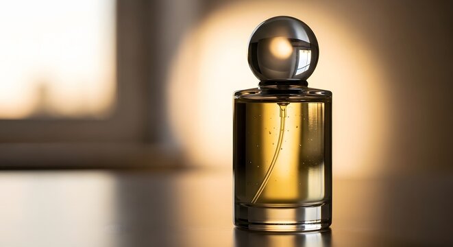 Elegant perfume bottle with golden liquid and silver cap on a reflective surface