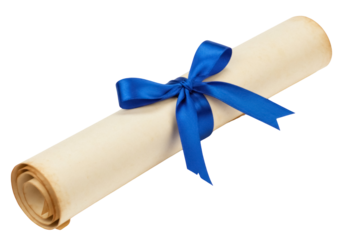 Scroll of parchment with blue ribbon PNG isolated on transparent background, diploma certificate document for graduation or award