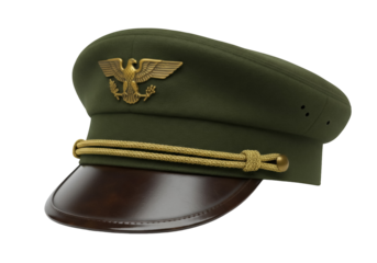 Olive green military peaked cap with golden eagle emblem isolated PNG, army officer hat on transparent background for uniform design