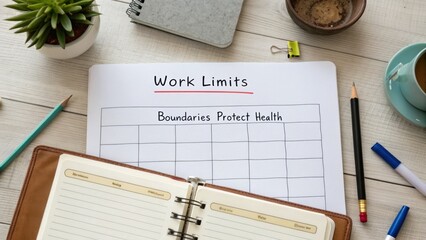 Overhead view of a workspace with a notebook, pen, and paper note on work limits and boundaries on a wooden desk with office supplies and a coffee cup, conveying a productive mood.