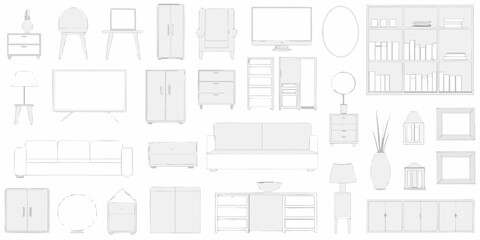 Collection of furniture outlines sofas cabinets tables and decorative elements