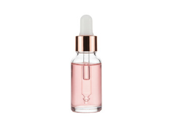 Pink serum in glass bottle with dropper isolated PNG, beauty product for skincare and aromatherapy...