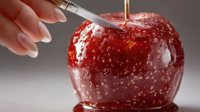 Candy Apple Being Cut with Knife &ndash; Glossy Red Toffee Apple Close Up