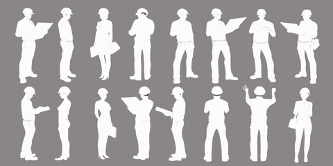 Silhouettes of construction workers in various poses and actions