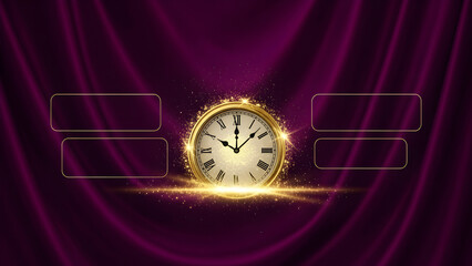 Elegant golden clock with sparkling particles floating in a magical purple background with glowing light trails and text boxes for advertisement
