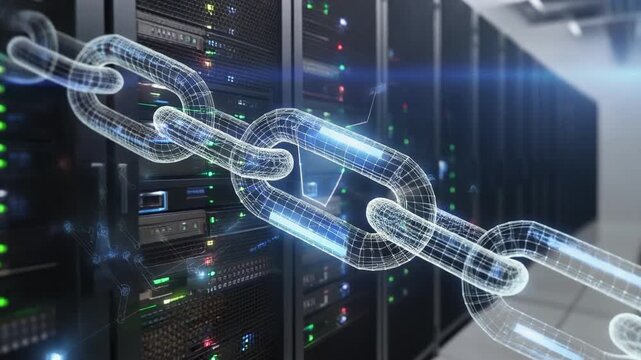 Digital chain interconnecting server infrastructure, symbolizing secure data transactions and network integrity in a futuristic data center environment