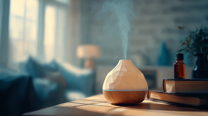 リビングの棚に置かれたディフューザーが、穏やかな香りを広げるくつろぎの室内風景の水彩ポリゴン