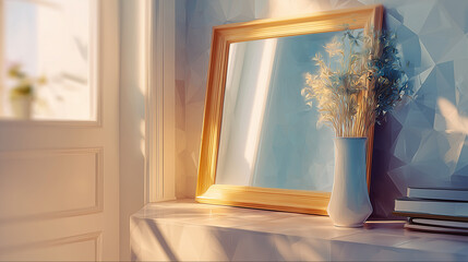 夕陽をやさしく映し出す、玄関脇に設置されたミラーがある整った暮らしの風景の水彩ポリゴン
