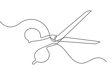 Scissors minimalist continuous one line illustration clean outline on white background