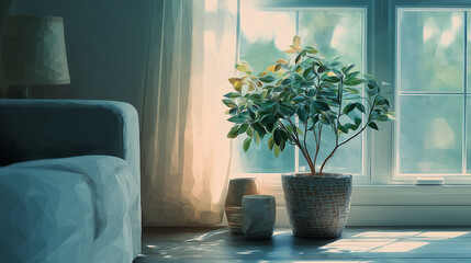 リビングの窓際に置かれたフェイクグリーンが、自然を感じさせる心地よい室内空間の水彩ポリゴン