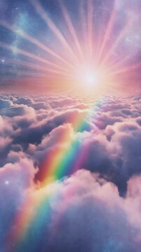 Radiant sunburst illuminates a vibrant rainbow above a dreamy cloudscape, creating a breathtaking ethereal scene of hope, serenity, and beautiful new beginnings