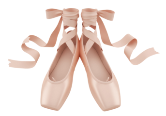 Elegant pink ballet pointe shoes isolated PNG on transparent background, dance footwear for ballerinas and performance art