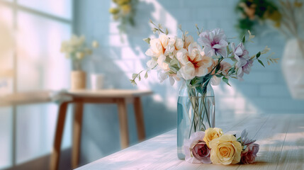 ダイニングテーブルの上に飾られた造花が、室内にやさしい彩りを添える穏やかな日常の水彩ポリゴン