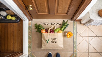 Overhead view of a person's feet standing next to a grocery bag filled with fresh produce on a kitchen floor with a wooden door and tile flooring.