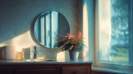 朝の光をやさしく映し出す、玄関脇に設置されたミラーがある整った暮らしの風景の水彩ポリゴン