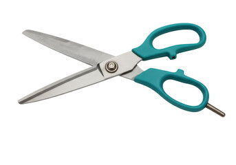 Fototapeta premium Teal handled scissors isolated PNG on transparent background, sharp cutting tool for paper crafts and office use