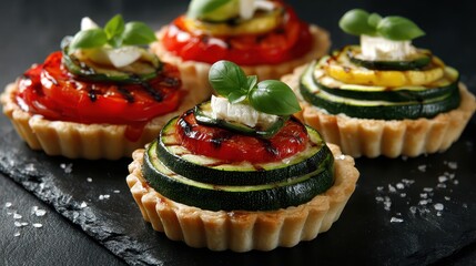 Four Colorful Vegetable Tarts with Zucchini and Tomato on Dark Slate Platter