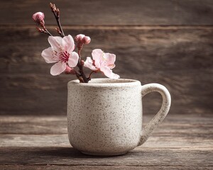 Pink Cherry Blossom In A Rustic White Ceramic Mug