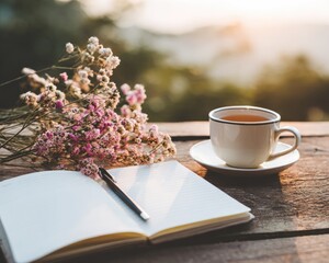 Rustic Wooden Table With Tea Cup Flowers And Open Notebook
