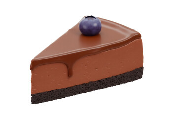 Delicious chocolate cheesecake slice with blueberry isolated PNG, rich dessert with ganache topping on transparent background