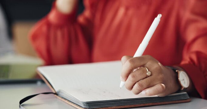 Woman, hands and writing in office with journal for marketing campaign project, agenda or reminder. Creative, person and coworking with diary for planning, advertising schedule or task priority note.