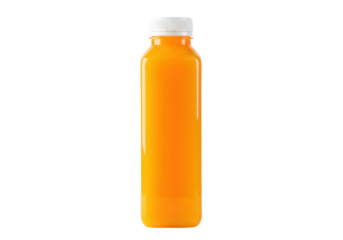 Bright orange juice in a plastic bottle isolated PNG, healthy drink for breakfast and refreshment on transparent background