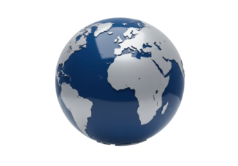 Blue and silver globe PNG isolated on transparent background, world map with continents for geography and education