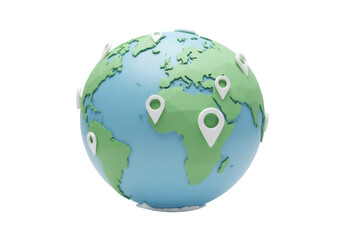 Earth globe with location pins isolated PNG, global business and travel concept on transparent background, world map with markers