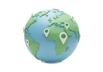 Earth globe with location pins isolated PNG, global business and travel concept on transparent background, world map with markers