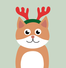 Christmas Cat in deer headband. Vector flat illustration