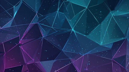 Abstract Geometric Background with Dark Blue and Purple Gradient Low Poly Design and Connected White Dotted Lines and Triangular Mesh Network Technology