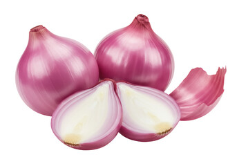 Fresh red shallots isolated PNG, whole and halved onions on transparent background, cooking ingredient for healthy recipes and culinary use