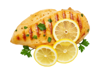 Grilled chicken breast with lemon slices isolated PNG, delicious poultry fillet with grill marks and fresh herbs on transparent background