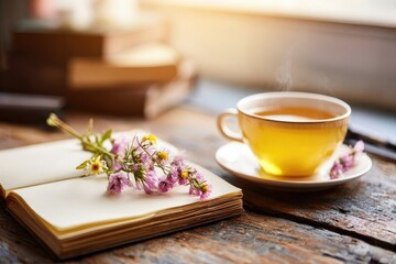 Warm Afternoon Tea With Flowers And Books