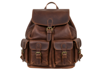 Brown leather backpack isolated PNG, vintage style rucksack with multiple pockets for travel, school, or everyday carry on transparent background