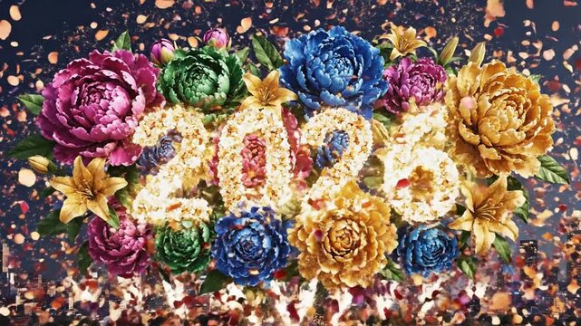 Spectacular Fireworks Display Over City Skyline With Floral Decorations Celebrating New Year 2026