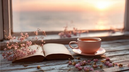 Peaceful Sunrise Scene With Tea And Book On Windowsill