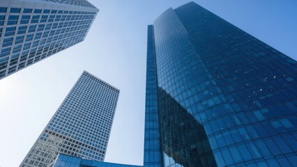 Low angle view of modern glass skyscrapers against a bright blue sky in a financial district