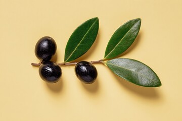 Branch of Dark Olives with Green Leaves on a Light Yellow Background with Natural Lighting Food Ingredient