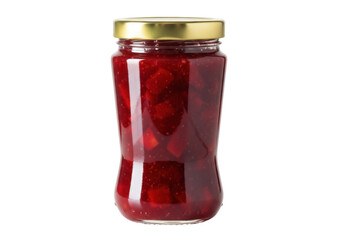 Strawberry jam in glass jar with golden lid isolated PNG, homemade fruit preserve for breakfast and dessert on transparent background