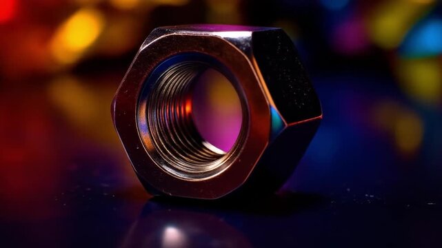 Close up of a metallic hexagonal nut with bokeh background and reflections